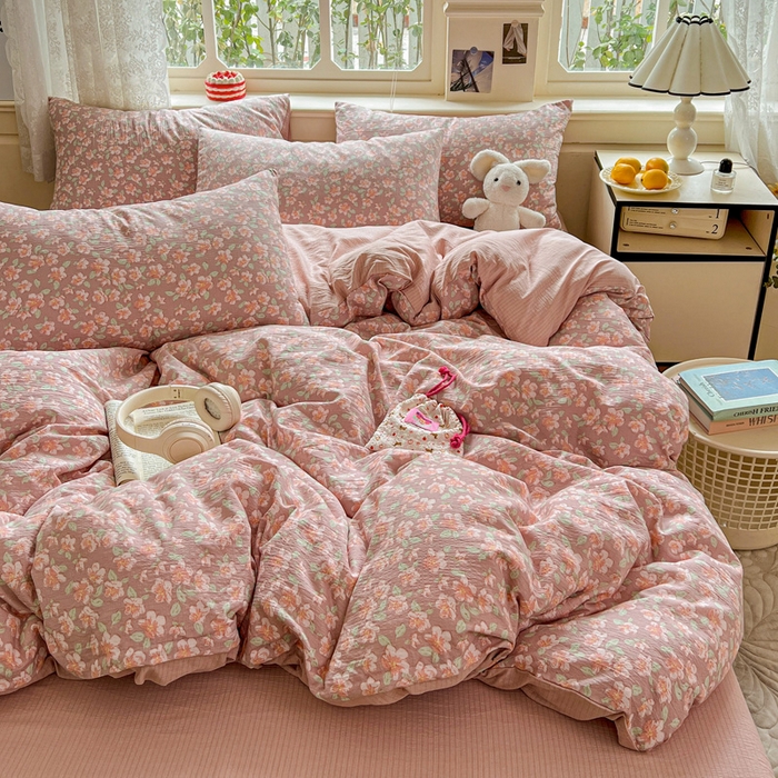 91家纺网 家纺一手货源 找家纺 一比一 2026新款云感皱皱双层纱四件套-简单款 水墨丹青红