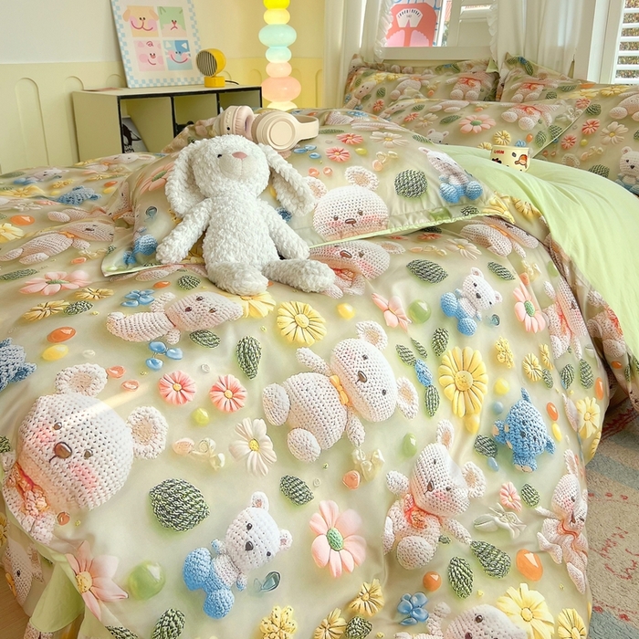 91家纺网 家纺一手货源 找家纺 恋之语 2025新款数码印花四件套卡通款 小熊花园