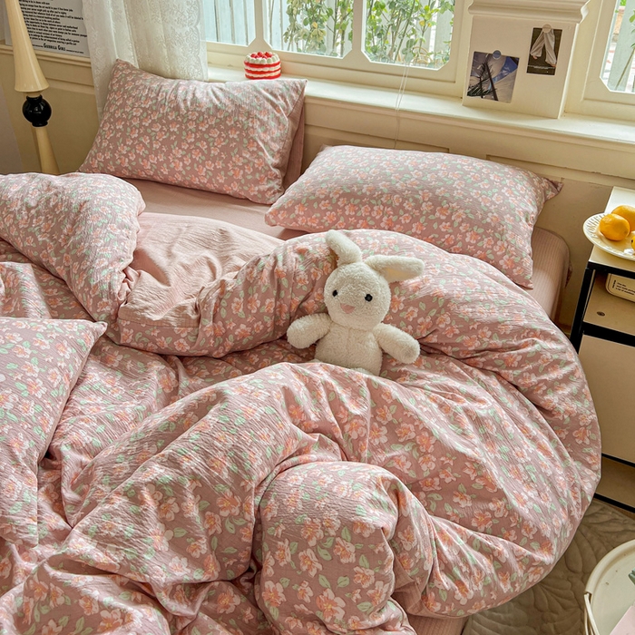 91家纺网 家纺一手货源 找家纺 一比一 2026新款云感皱皱双层纱四件套-简单款 水墨丹青红