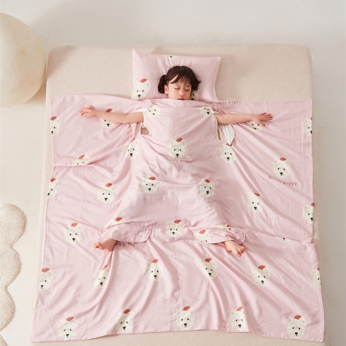 91家纺网 家纺一手货源 找家纺 艾佳宝贝 2025A类全棉纱布护肚防踢睡袋多功能盖毯宝宝夏被 乖萌小狗