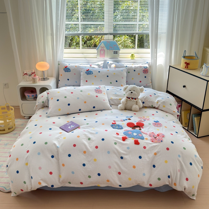 91家纺网 家纺一手货源 找家纺 如意朵 2025新款全棉双层纱小清新绣花四件套（专版花型） 快乐女孩