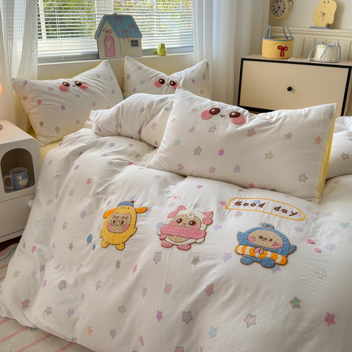 91家纺网 家纺一手货源 找家纺 如意朵 2025新款全棉双层纱小清新绣花四件套（专版花型） 蛋仔派对