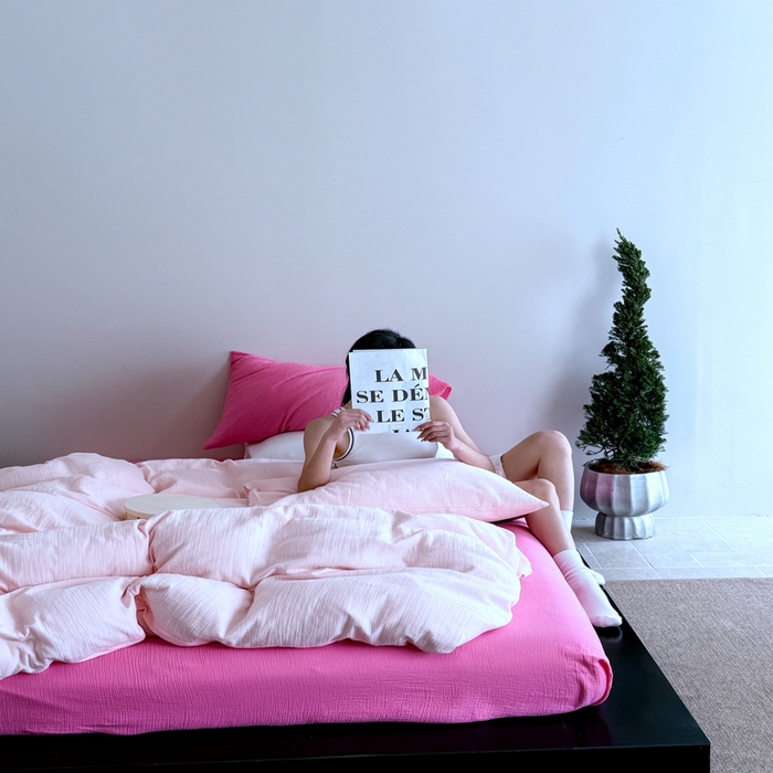 91家纺网 家纺一手货源 找家纺 （总）山舍家居 2025新款皱皱双层纱纯色四件套