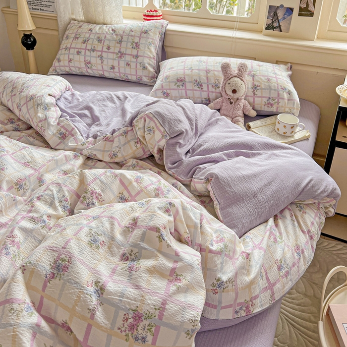 91家纺网 家纺一手货源 找家纺 一比一 2026新款云感皱皱双层纱四件套-简单款 时恋