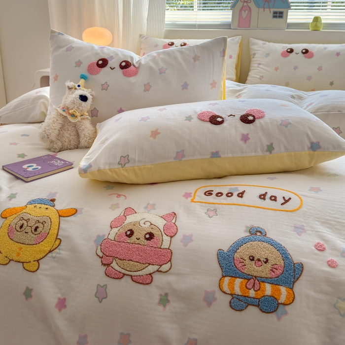 91家纺网 家纺一手货源 找家纺 如意朵 2025新款全棉双层纱小清新绣花四件套（专版花型） 蛋仔派对