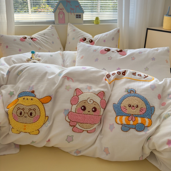 91家纺网 家纺一手货源 找家纺 如意朵 2025新款全棉双层纱小清新绣花四件套（专版花型） 蛋仔派对