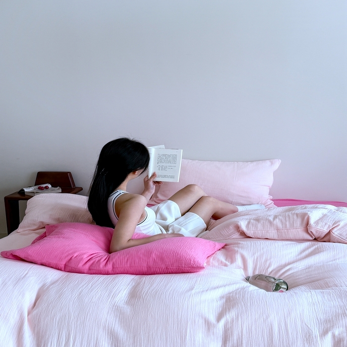 91家纺网 家纺一手货源 找家纺 （总）山舍家居 2025新款皱皱双层纱纯色四件套