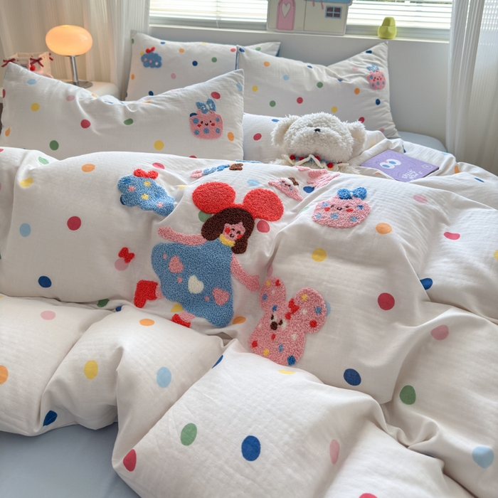 91家纺网 家纺一手货源 找家纺 如意朵 2025新款全棉双层纱小清新绣花四件套（专版花型） 快乐女孩