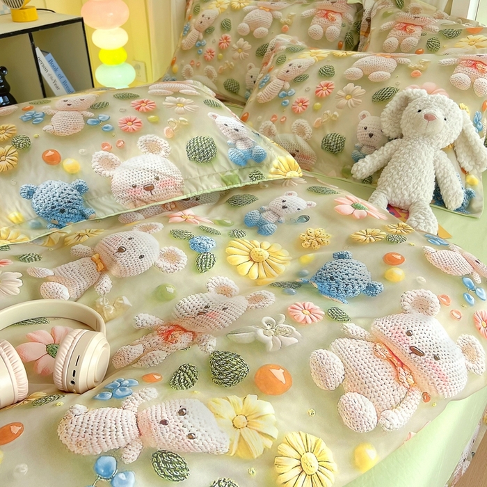 91家纺网 家纺一手货源 找家纺 恋之语 2025新款数码印花四件套卡通款 小熊花园