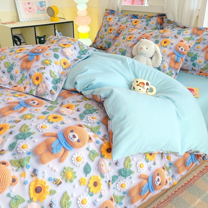 91家纺网 家纺一手货源 找家纺 恋之语 2025新款数码印花四件套卡通款 小熊向日葵