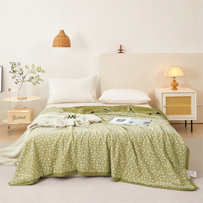 91家纺网 家纺一手货源 找家纺 瑞米家居 2025新款全棉色织提花夏被 漫天花海-芥末绿