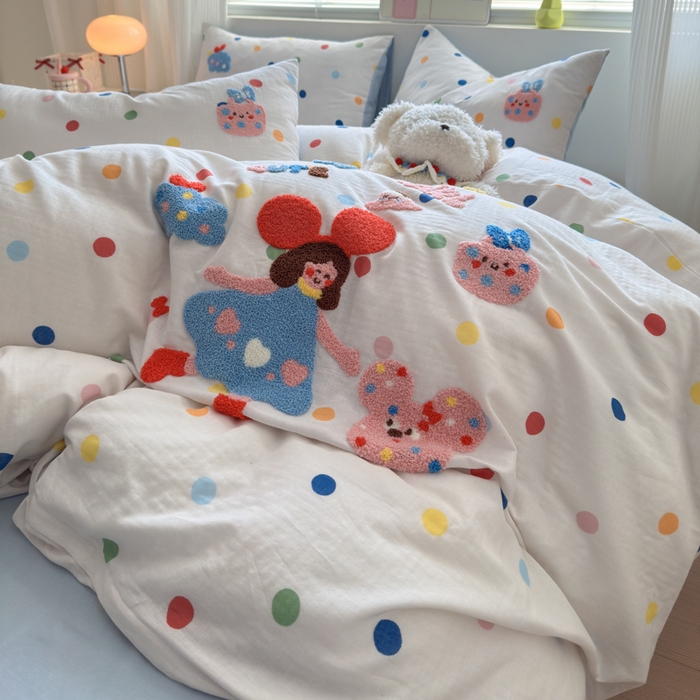 91家纺网 家纺一手货源 找家纺 如意朵 2025新款全棉双层纱小清新绣花四件套（专版花型） 快乐女孩