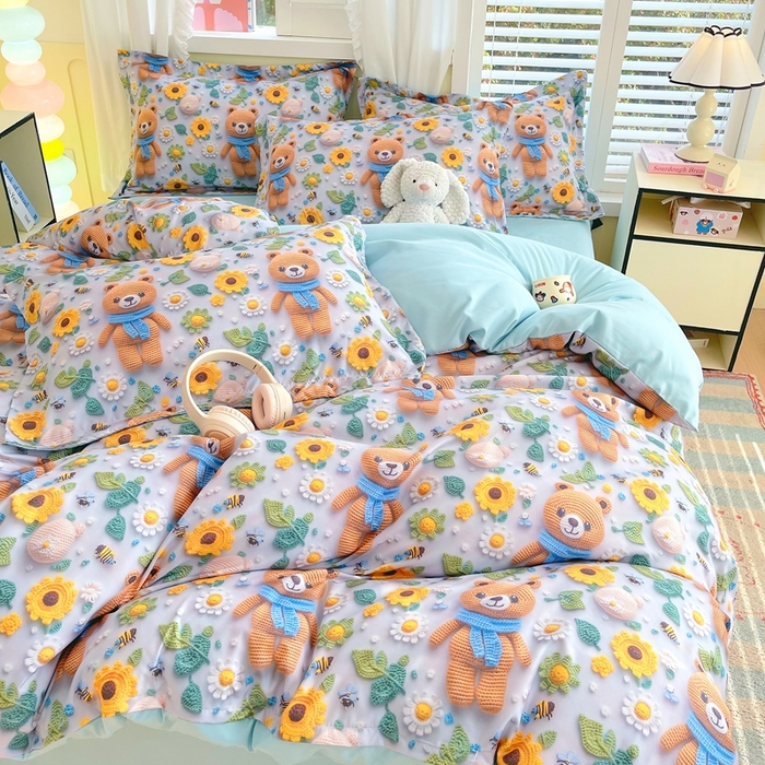 91家纺网 家纺一手货源 找家纺 恋之语 2025新款数码印花四件套卡通款 小熊向日葵