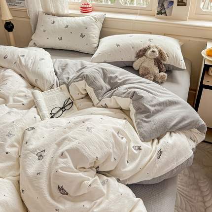 91家纺网 家纺一手货源 找家纺 （总）一比一 2025新款云感皱皱双层纱四件套-简单款