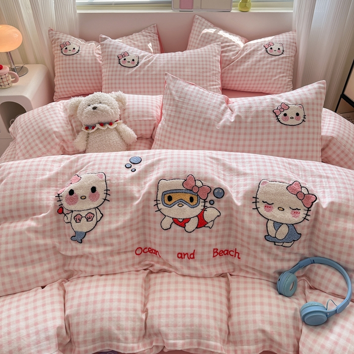 91家纺网 家纺一手货源 找家纺 如意朵 2025新款全棉双层纱小清新绣花四件套（专版花型） 猫咪派对