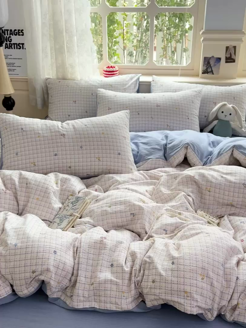 91家纺网 家纺一手货源 找家纺 一比一 2026新款云感皱皱双层纱四件套-简单款 遇见