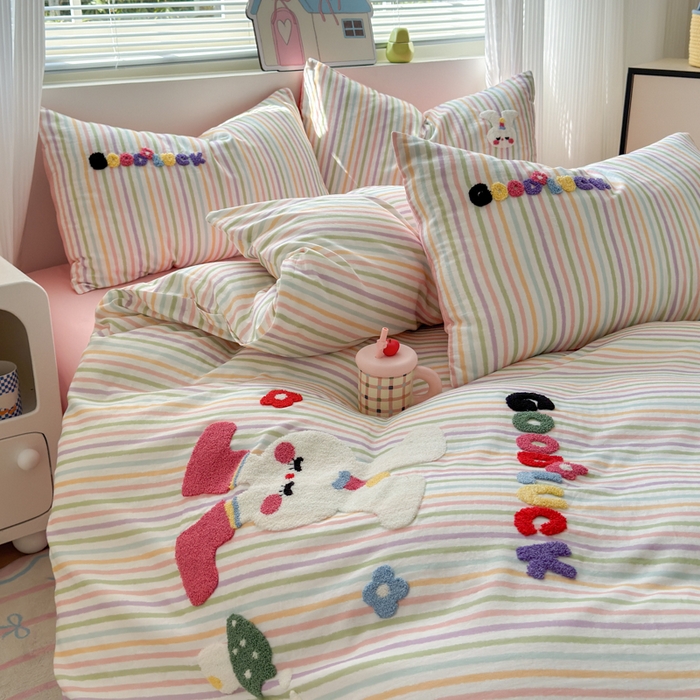 91家纺网 家纺一手货源 找家纺 如意朵 2025新款全棉双层纱小清新绣花四件套（专版花型） 蘑菇小兔