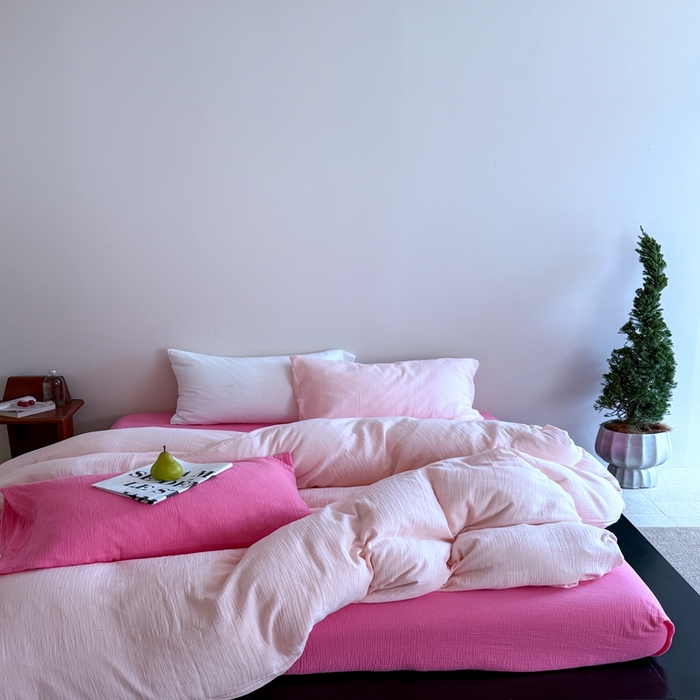 91家纺网 家纺一手货源 找家纺 （总）山舍家居 2025新款皱皱双层纱纯色四件套