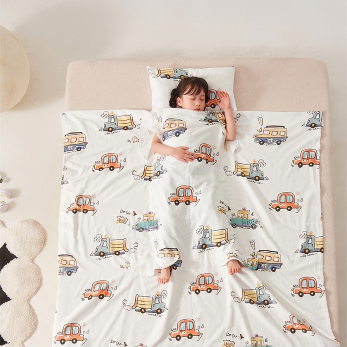 91家纺网 家纺一手货源 找家纺 艾佳宝贝 2025A类全棉纱布护肚防踢睡袋多功能盖毯宝宝夏被 巴士汽车