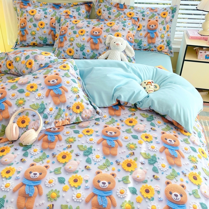 91家纺网 家纺一手货源 找家纺 恋之语 2025新款数码印花四件套卡通款 小熊向日葵