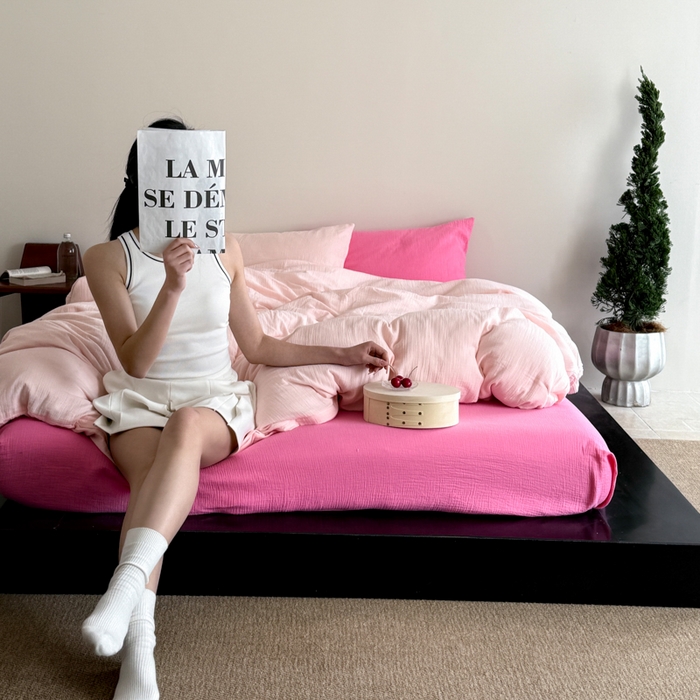 91家纺网 家纺一手货源 找家纺 山舍家居 2025新款皱皱双层纱纯色四件套 蔷薇小姐