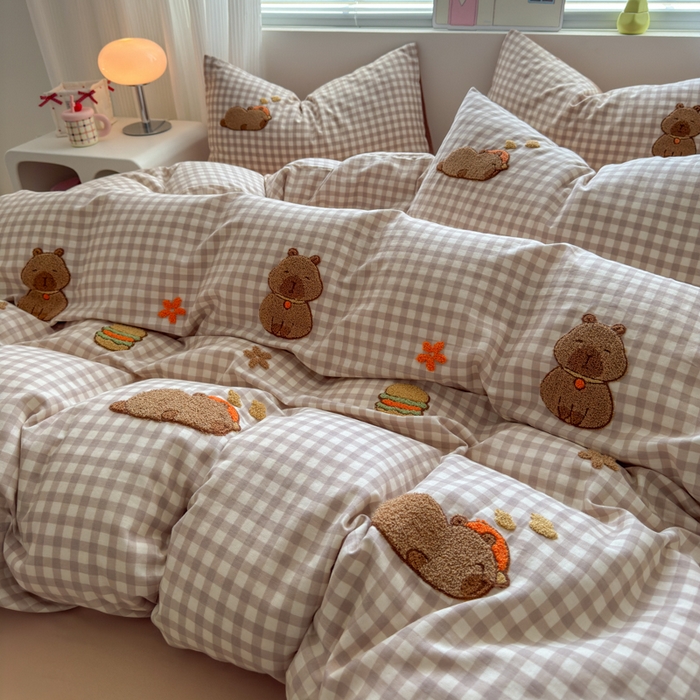 91家纺网 家纺一手货源 找家纺 如意朵 2025新款全棉双层纱小清新绣花四件套（专版花型） 卡皮聚会