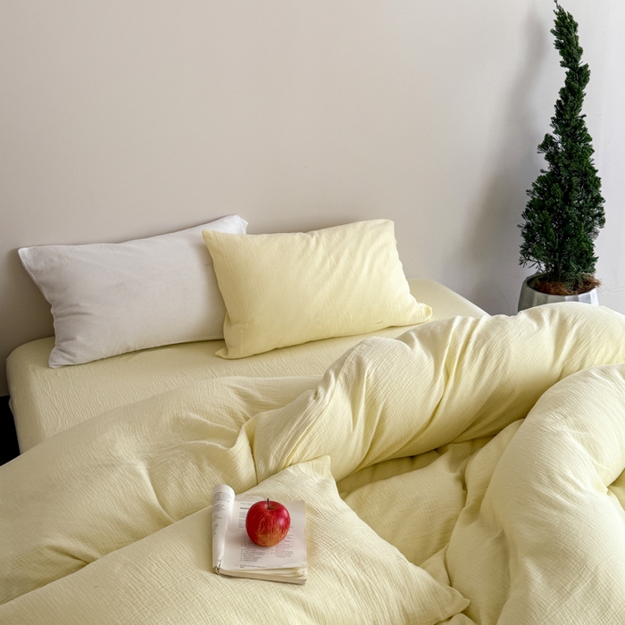 91家纺网 家纺一手货源 找家纺 山舍家居 2025新款皱皱双层纱纯色四件套 半见