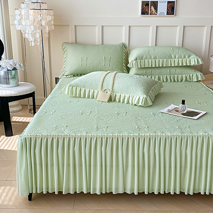 91家纺网 家纺一手货源 找家纺 2025新款复合三明治床裙款凉豆豆凉席三件套系列 约定-清香绿