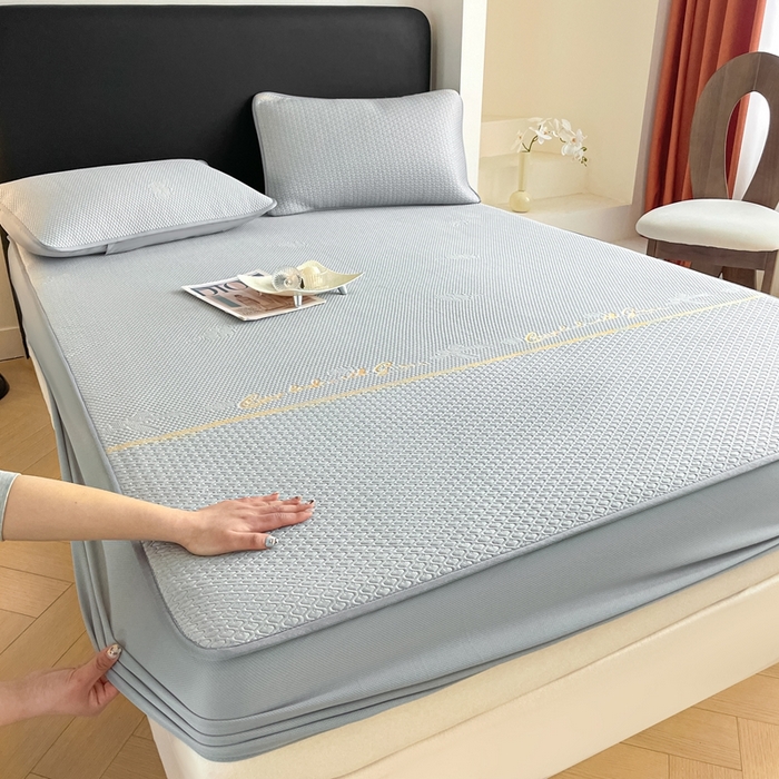 91家纺网 家纺一手货源 找家纺 欧邦 2025新款提花冰豆豆凉席三件套-幸运草 床笠款-幸运草-灰