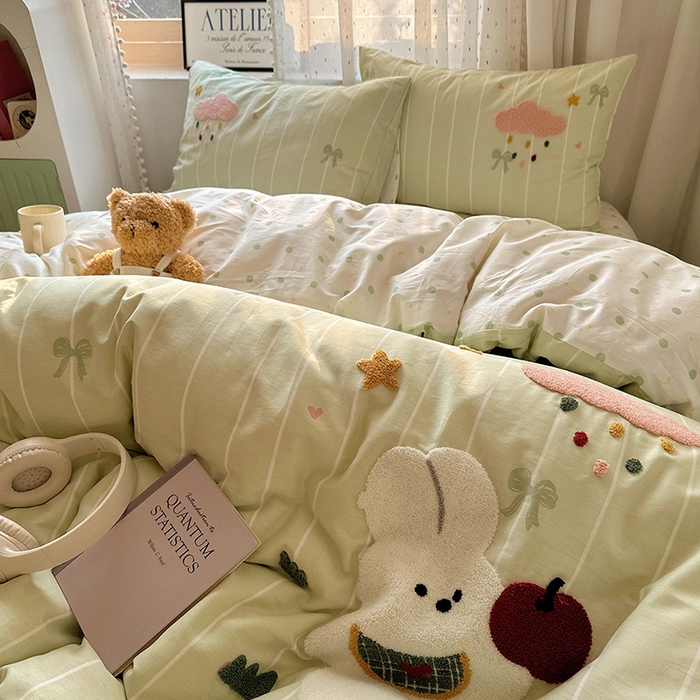 91家纺网 家纺一手货源 找家纺 澳梵家居 2025新款小清新全棉印花毛巾绣四件套 苹果兔兔