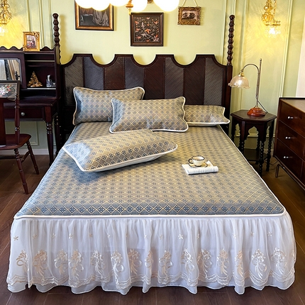 网红馆 2025新款花边冰藤席凉席-夏之语床裙款 花青