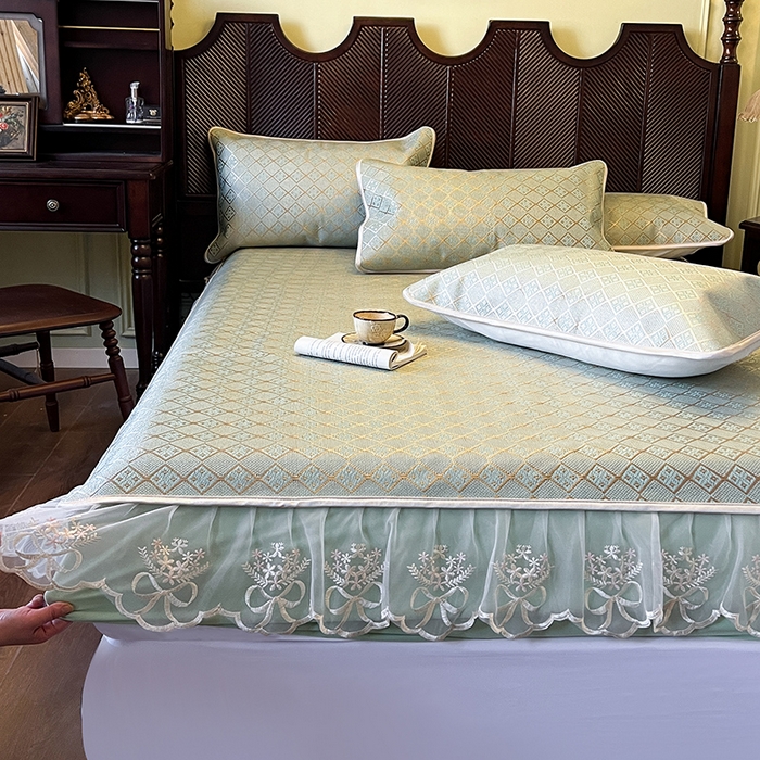 91家纺网 家纺一手货源 找家纺 麒豆豆 2025新款花边床笠款冰藤席-夏之语 豆青