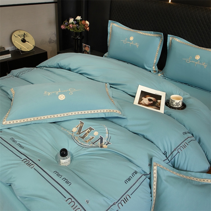 91家纺网 家纺一手货源 找家纺 佳宇轩 2025新款亲肤水洗棉刺绣四件套系列 简约时代-天青