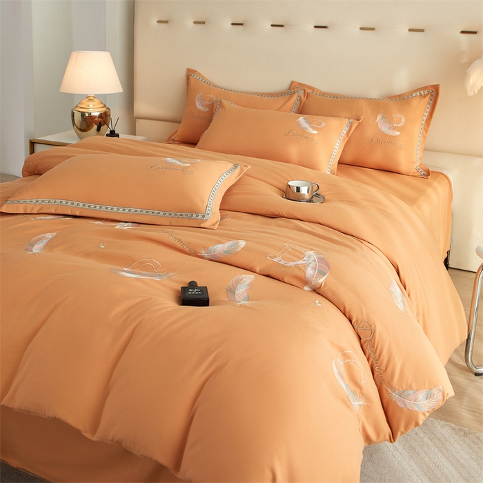 91家纺网 家纺一手货源 找家纺 佳宇轩 2025新款亲肤水洗棉刺绣四件套系列 蜜羽-橘黄