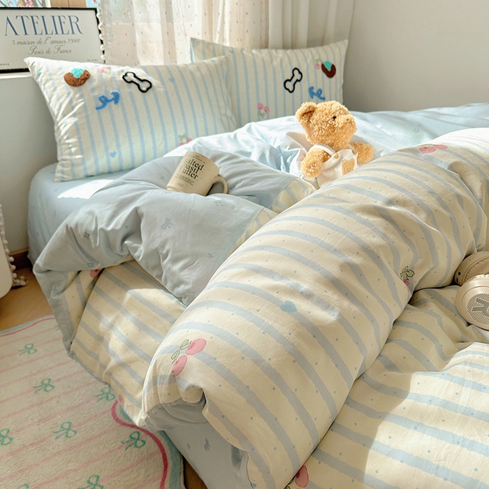 91家纺网 家纺一手货源 找家纺 澳梵家居 2025新款小清新全棉印花毛巾绣四件套 骨头小狗