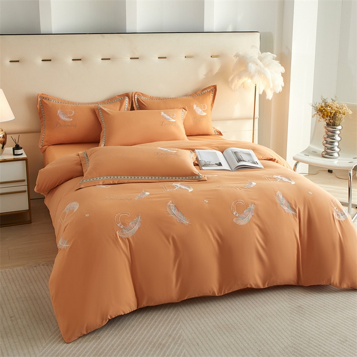 91家纺网 家纺一手货源 找家纺 佳宇轩 2025新款亲肤水洗棉刺绣四件套系列 蜜羽-橘黄