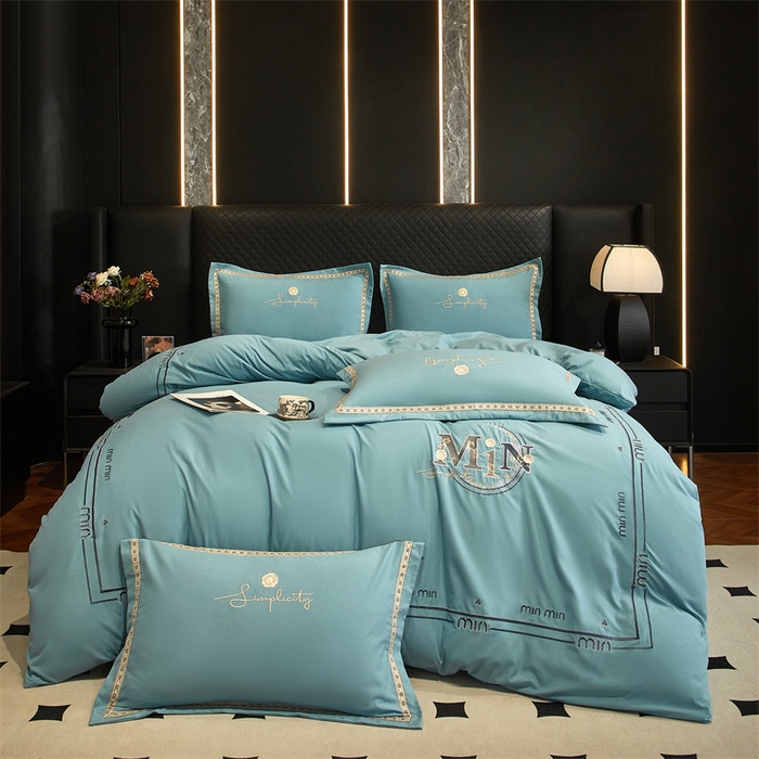 91家纺网 家纺一手货源 找家纺 佳宇轩 2025新款亲肤水洗棉刺绣四件套系列 简约时代-天青