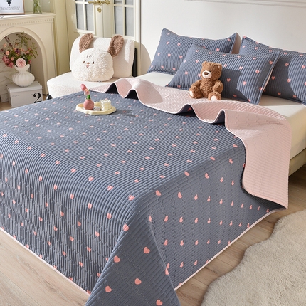 床笠人家 2025新款亲肤双面磨毛夹棉床盖 爱心-灰
