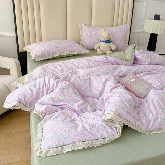 91家纺网 家纺一手货源 找家纺 竹合家纺 2025新款云感皱皱四件套-镂空花边款法式 花边款-春不晚