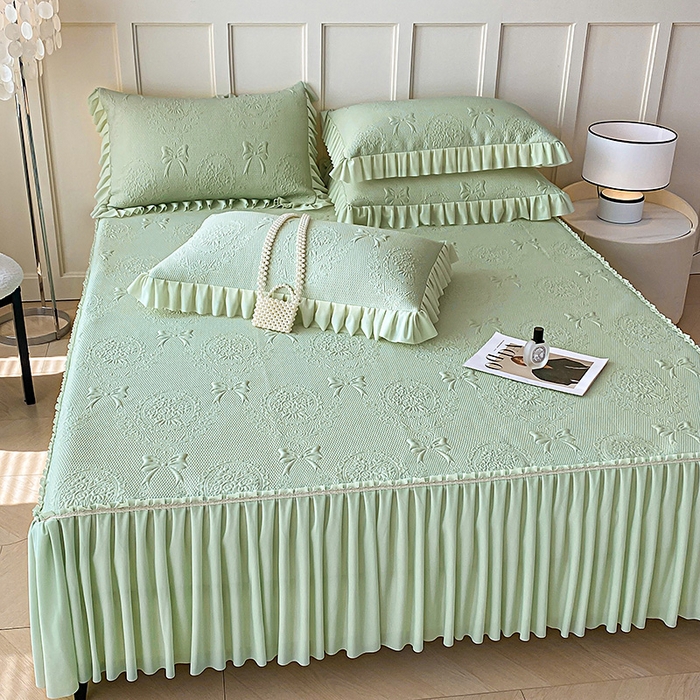 91家纺网 家纺一手货源 找家纺 2025新款复合三明治床裙款凉豆豆凉席三件套系列 约定-清香绿