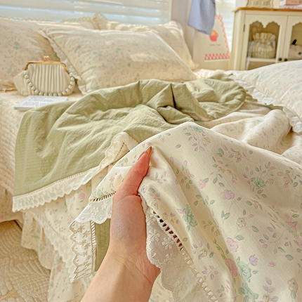 富米莱（原臻工厂） 2025新款云感亲肤棉床盖床裙夏凉被四件套-全棉镂空花边 薄荷苏打