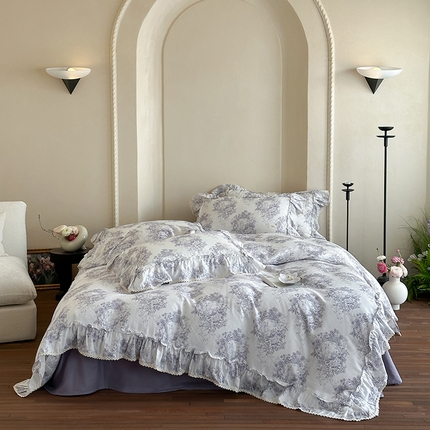 91家纺网 家纺一手货源 找家纺 （总）2025新款法式纯棉双层纱花边款新疆长绒棉双层纱四件套活性数码印花工艺款