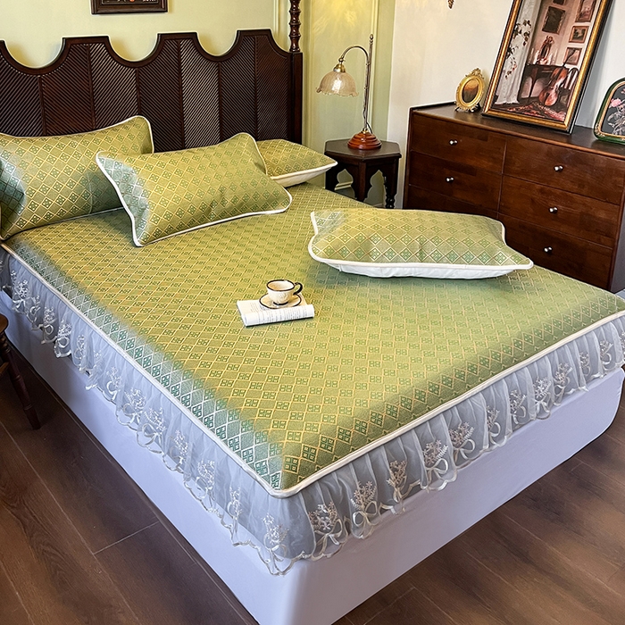 91家纺网 家纺一手货源 找家纺 麒豆豆 2025新款花边床笠款冰藤席-夏之语 葱绿