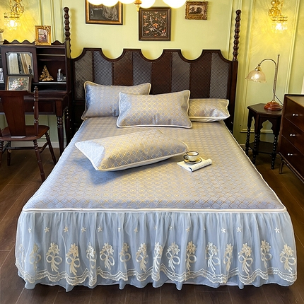 网红馆 2025新款花边冰藤席凉席-夏之语床裙款 烟色