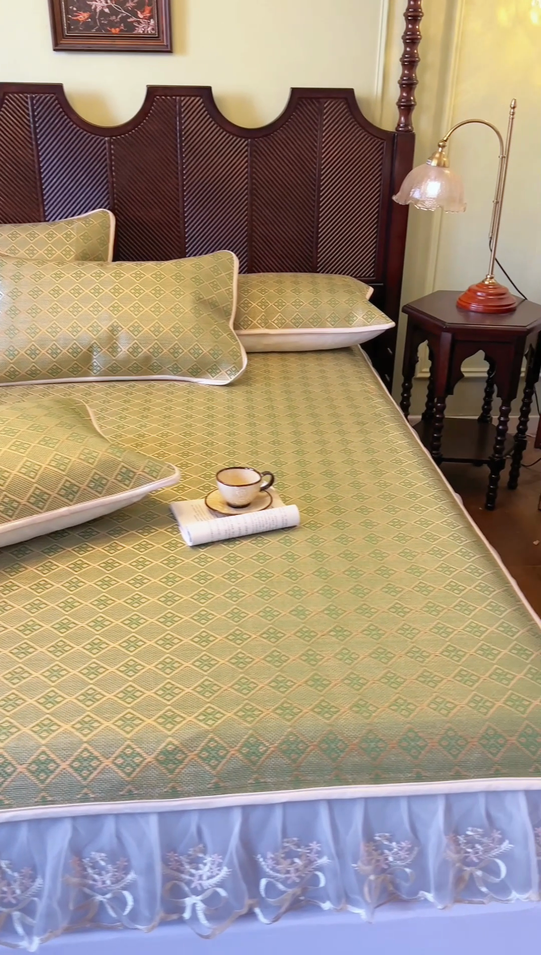 91家纺网 家纺一手货源 找家纺 麒豆豆 2025新款花边床笠款冰藤席-夏之语 葱绿