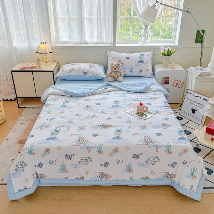 91家纺网 家纺一手货源 找家纺 优卡迪家纺馆 【下载文件夹包含买家秀】2025春夏新款针织棉双层纱夏被夏凉被空调被四件套 遨游