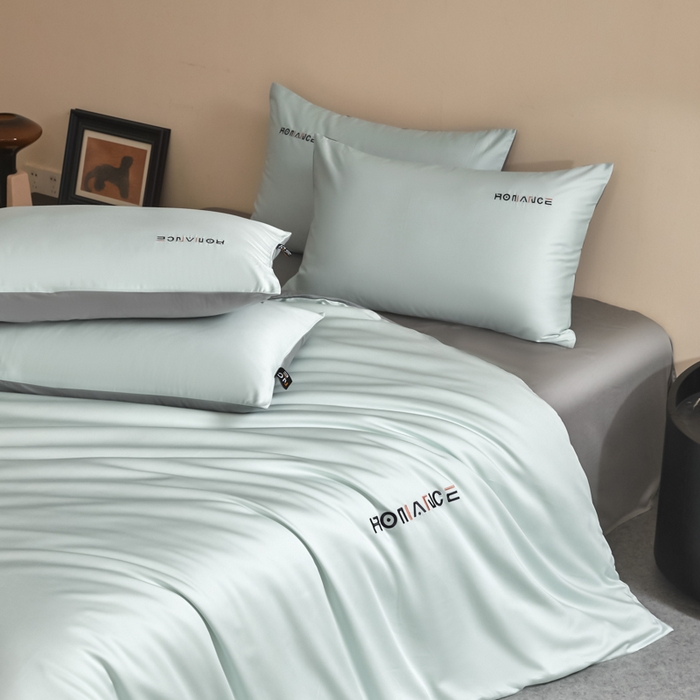 91家纺网 家纺一手货源 找家纺 618家纺 2025新款A类全棉60S100支纯棉长绒棉四件套系列 简爱蓝灰