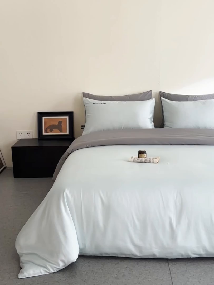 91家纺网 家纺一手货源 找家纺 618家纺 2025新款A类全棉60S100支纯棉长绒棉四件套系列 简爱蓝灰