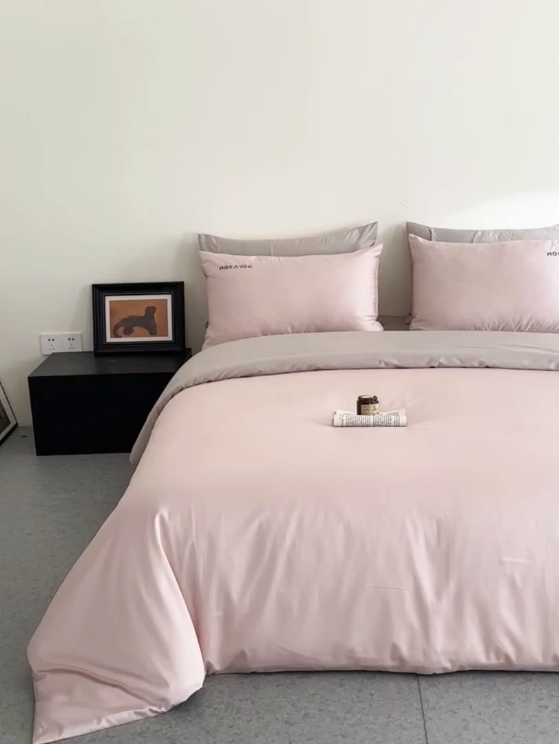 91家纺网 家纺一手货源 找家纺 618家纺 2025新款A类全棉60S100支纯棉长绒棉四件套系列 简爱粉灰