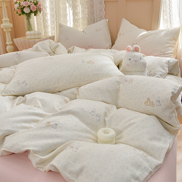 91家纺网 家纺一手货源 找家纺 乐窝家纺仓储 2025新款A类母婴级有氧全棉纯棉双层纱纯棉印花四件套 欢乐兔